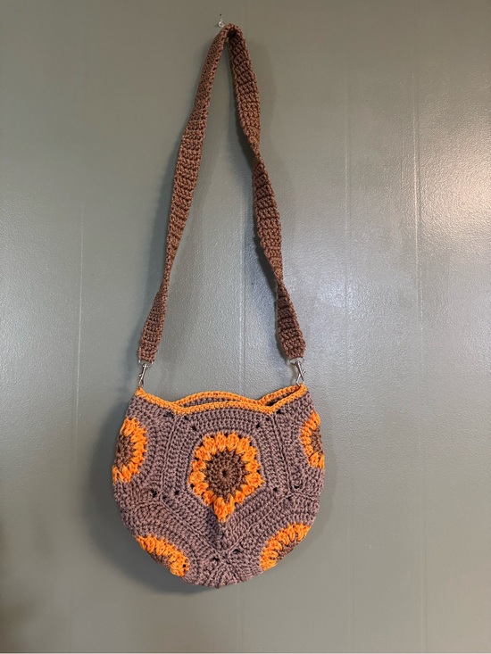 Handmade Handbags - Crocheted Crossbody Bag in Brown and Orange – Boho Floral Accent